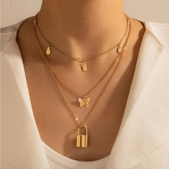 GOLD Butterfly & Lock Layered Necklace - Picture 1 of 2